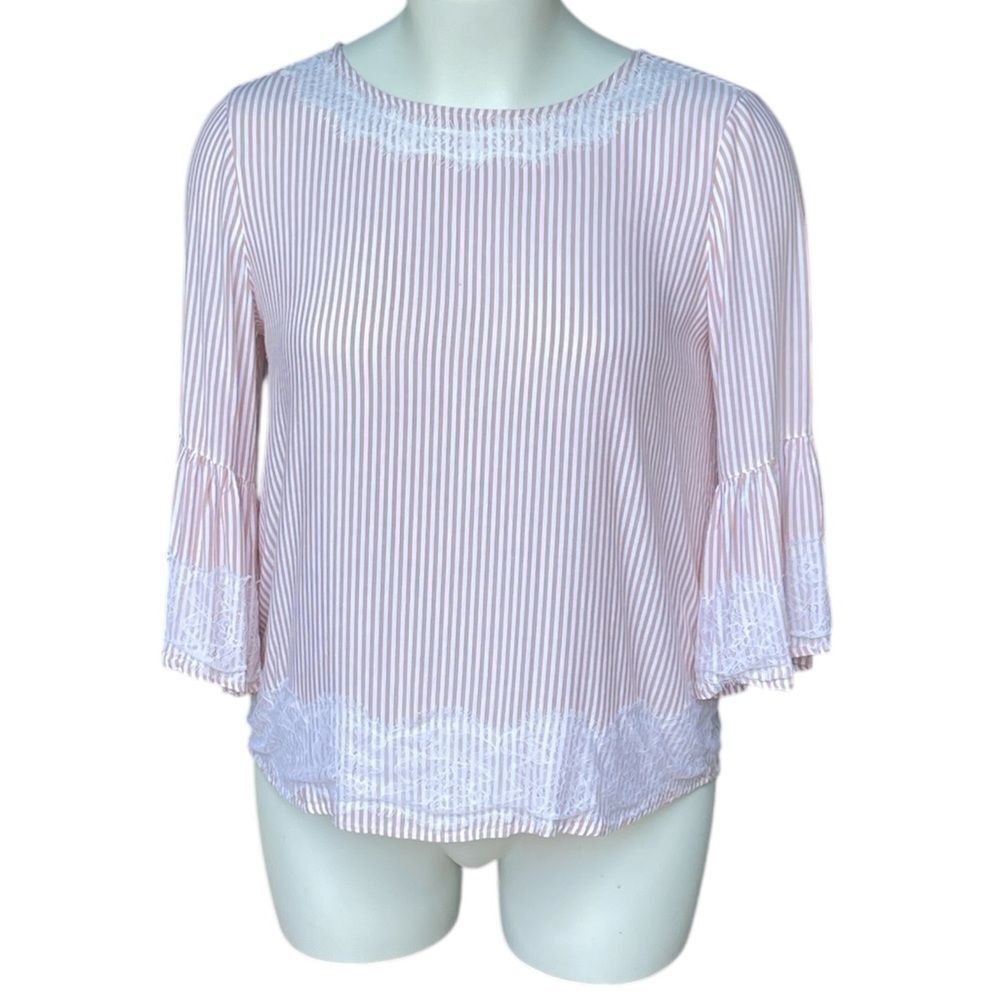 Soho Pink and White Striped Blouse with Lace Accents Bell sleeves Large tie back